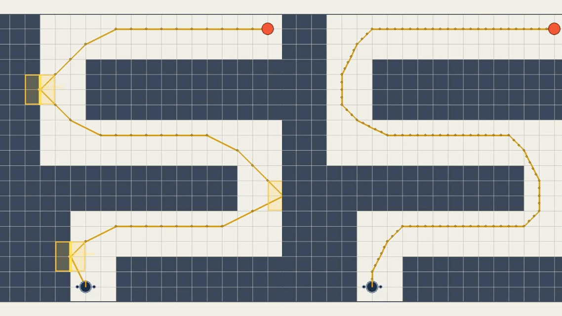 Planned path that bounces off walls compared with a collision-free path